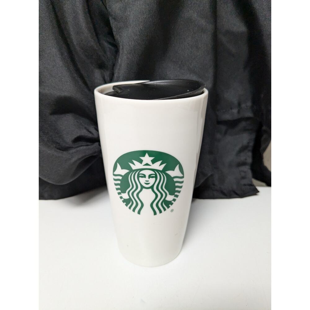 Starbucks 2021 white classic siren logo ceramic travel mug drink through lid